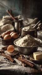 Baking Ingredients Still Life - Flour, Eggs, Butter, and Spices.