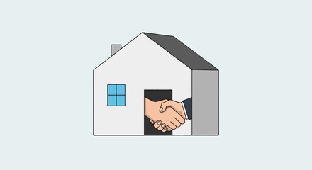New home deal presented by shaking hands, set in cartoon house on light background. This new home deal symbolizes trust and commitment, depicting agreement for real estate property.
