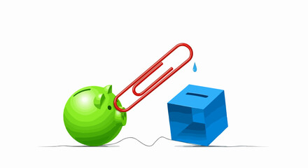 Green piggy bank concept with red paperclip drain, symbolic of economic issues. Investment losses and financial drainage portrayed in piggy bank with paperclip and blue donation box.