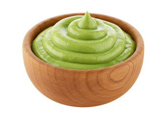 Isolated bowl of swirling bright green avocado cream, dip, or dessert filling, delicious