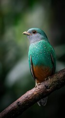 Obraz premium Emerald Jewel Perched: A stunningly vibrant bird with emerald feathers and detailed texture sits perched gracefully on a branch, highlighting the beauty of nature and wildlife.