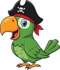 Cartoon green parrot with pirate hat and red bandana, cheerful character pose, skull symbol bird illustration, playful animal artwork