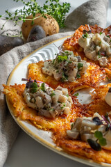 Crispy potato pancakes topped with fresh herring and herbs, served on a decorative plate, showcasing traditional cuisine and delightful snack presentation with copy space