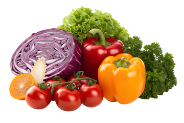 A vibrant assortment of fresh, colorful vegetables including red cabbage, bell peppers, tomatoes, lettuce, and parsley, artfully arranged and isolated on a white background