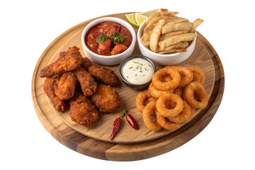 Delicious fried chicken, french fries, and onion rings served on a wooden board with dipping sauce and lime