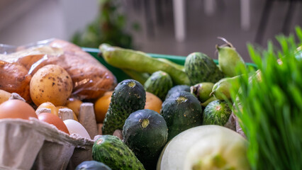 Fresh organic vegetables including cucumbers, zucchini, and eggs arranged in a basket, showcasing vibrant colors and natural textures, emphasizing health and nutrition concepts with copy space