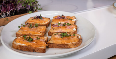 Freshly prepared healthy snacks featuring salmon on whole grain bread, garnished with microgreens, showcasing vibrant colors and textures for wellness and nutrition balance with copy space