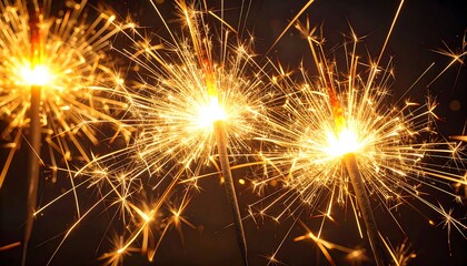 A close-up captures burning sparklers against a dark background, showcasing bright golden light and intricate sparks