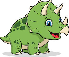 Cartoon triceratops dinosaur, green body, smiling face, blue eyes, playful pose, vector illustration, kids content, educational animal character