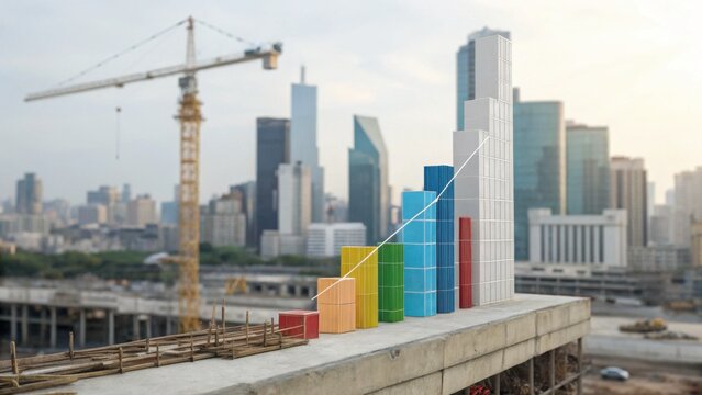 A construction site features a colorful bar graph symbolizing growth, with skyscrapers and a crane in the background, reflecting urban development.