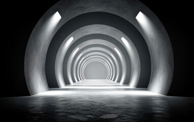 Obraz premium Abstract tunnel with illuminated circular arches and empty space