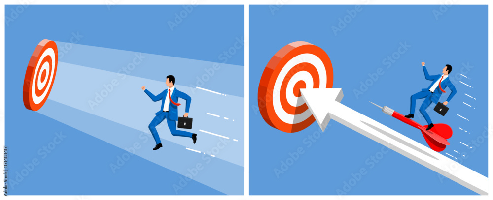 Poster man running toward a target and another man riding a dart hitting a bullseye. business goal achievem