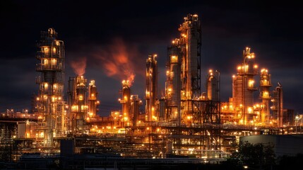 Fototapeta premium Large oil refinery plant at night, brightly lit and emitting smoke