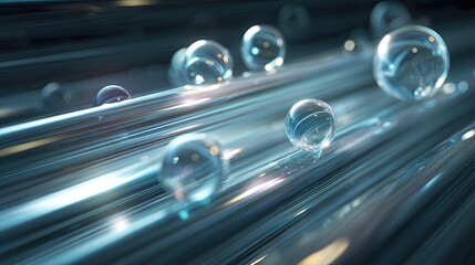 Clear spheres illustrating data packets in a message queue system.