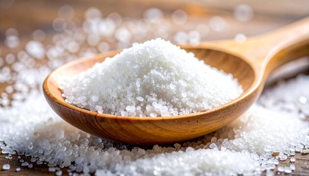 Pile of sparkling sea salt in a wooden spoon, perfect for cooking recipes, or natural skin care, A rustic closeup of white crystals spilled on a brown wooden surface
