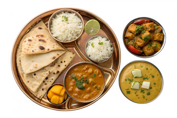 Indian vegetarian thali with basmati rice, chapati, dal, chickpea curry, potato curry, and raita, served on wooden platter