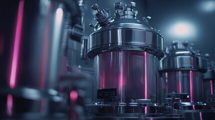 High-tech stainless steel bioreactor with glowing pink liquid in a modern lab.