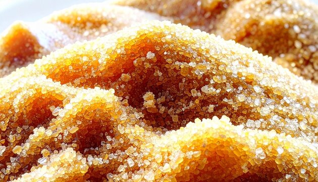 Macro close-up of brown sugar crystals forming textured mound, sparkling light on granulated sugar creates shimmering effect