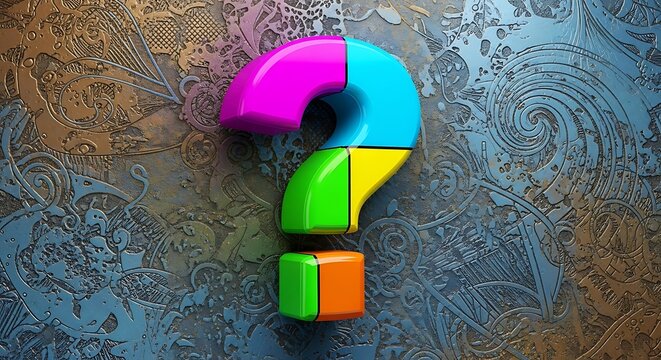 A vibrant question mark, composed of colorful blocks, stands out against a textured, decorative backdrop.