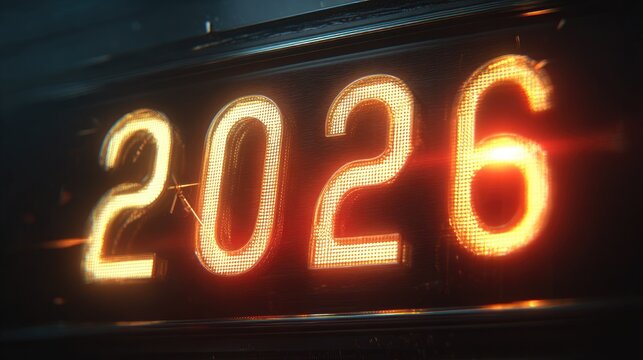 Glowing 2026 on a digital display, dramatic new year countdown