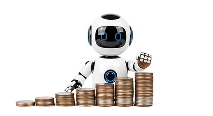 White robot with headphones standing next to stacks of coins, symbolizing financial growth and ai