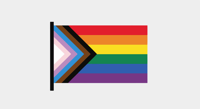 Illustrative LGBTQ+ flag waving against plain backdrop, depicting LGBTQ+ pride in a modern graphic style. Symbolic LGBTQ+ flag with geometric shapes and inclusive colors for web design,