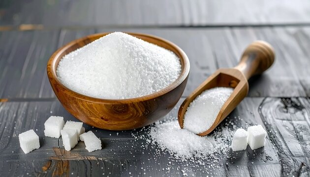 Wooden bowl and scoop filled with sugar on a dark wooden surface, Sugar cubes and granulated sugar arranged on a rustic wooden background