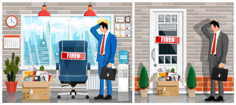 Unhappy man employee getting fired from his job. Dismissed job seeker with box of office stuff. Unemployment, crisis, business reduction concept for graphic illustration.