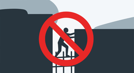 Dangerous climb illustration shows forbidden action with crossing fence symbol in bright red. Dangerous climb is illustrated with person climbing fence, attempting forbidden behavior.