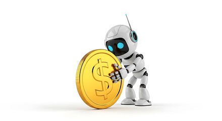 Cute white robot pushing a large gold coin with a dollar sign isolated on white background