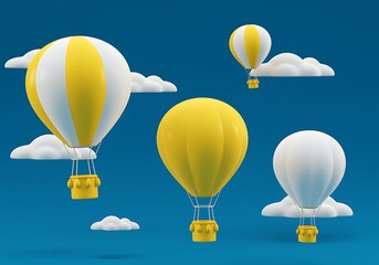 Whimsical Hot Air Balloons Ascending in a Dreamy Blue Sky with Puffy White Clouds Illustration