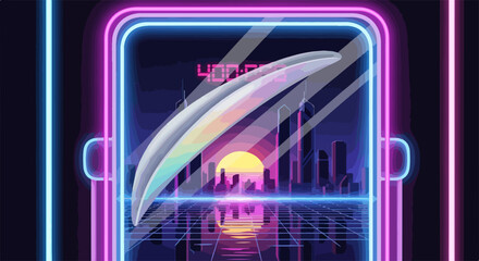 Glowing digital watch illustration with colorful neon lines and reflected cityscape on display.