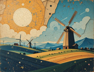 Windmill farm solar energy . Oil paint illustration.