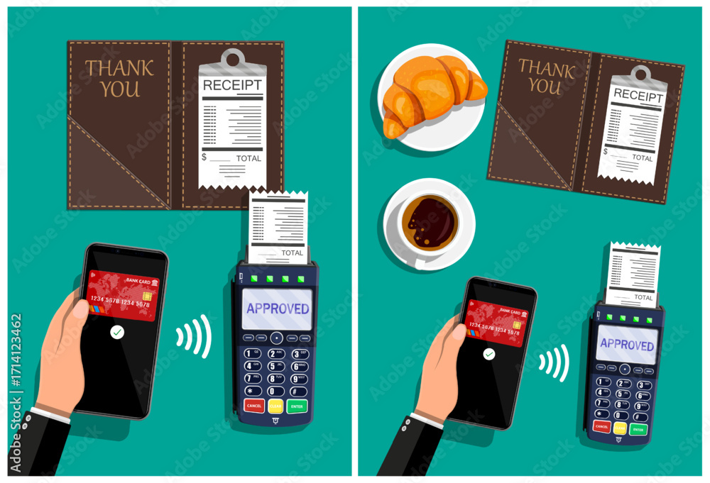 Poster man using smartphone for contactless payment at point of sale terminal. digital transaction with mob