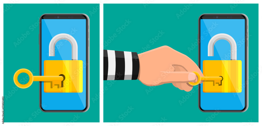 Poster two smartphones showing key unlocking a padlock and a thief gaining access. mobile data security con