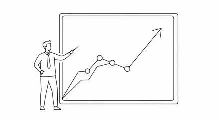 Business presentation of rising chart shows financial increase in company revenue. Business presentation by executive leader with arrow pointing upward demonstrates company success and growth.