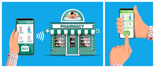 Man shopping medical product on smartphone from online pharmacy store. Digital health application for medicine delivery.