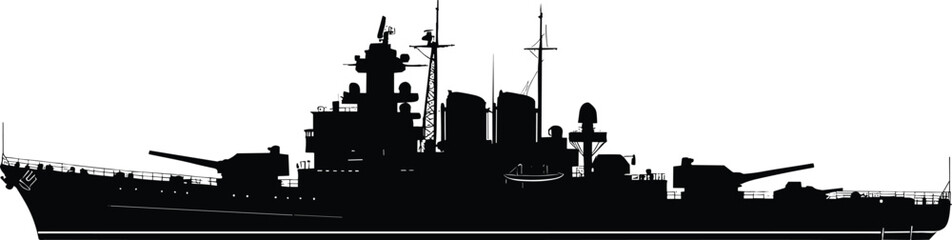 Battleship silhouette vector, military naval vessel illustration, large gun turret clipart, radar antennas, black and white warship, defense ship design