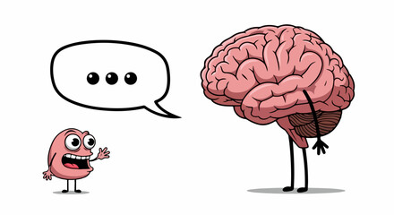 Cartoon brain speaks with smaller brain on white background. Cartoon brain with speech bubble displays mental clarity, while other brain is in a dilemma.