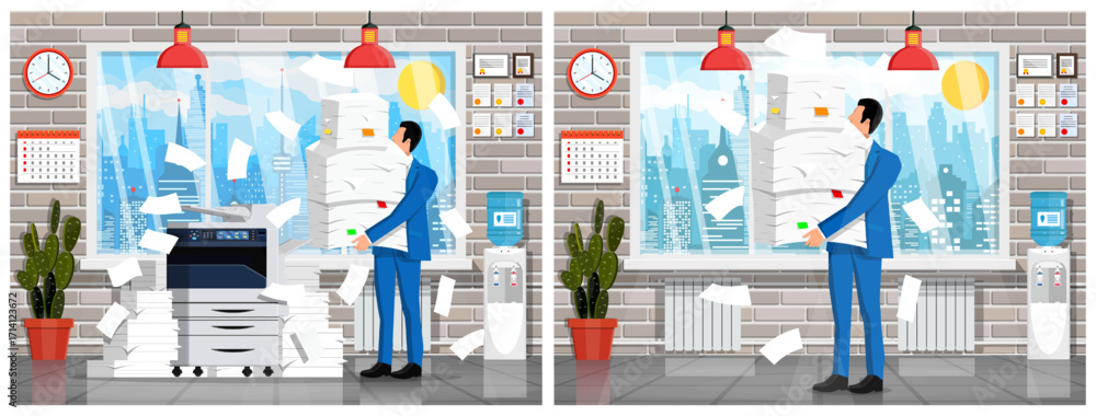 Poster business man doing office work with document and stack of paper. bureaucracy paperwork and overwork 