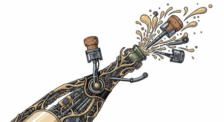 Bubbly splash design features an innovative approach to champagne with detailed mechanical components. Bubbly splash shows a bottle with a cork and pistons, creating mechanical action, steam,
