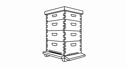 White isolated beehive structure with wooden frame boxes for honey production. Beekeeping setup includes multiple boxes with frames inside, providing space for bees to build honeycombs, in process.