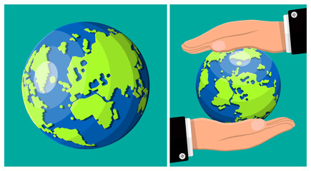 Man holding a globe in hands and a separate earth. World protection, environment save, ecology concept. Flat style vector.