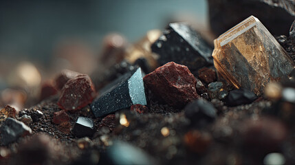 Close-up of various rare earth minerals scattered on dark ground.