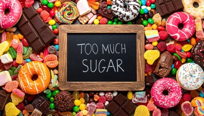 Colorful Variety of Candies, Sweets and Desserts with a Chalkboard Saying Too Much Sugar,Assortment of Sugary Treats and Junk Food Overload with Warning Sign