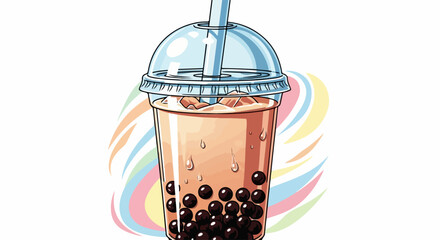 Iced bubble tea beverage on white background with colorful pastel curves, iced bubble tea drink with tapioca balls in clear plastic cup.