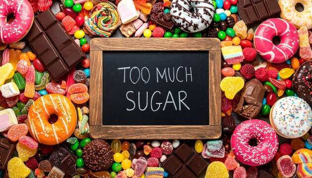 Colorful Variety of Candies, Sweets and Desserts with a Chalkboard Saying Too Much Sugar,Assortment of Sugary Treats and Junk Food Overload with Warning Sign
