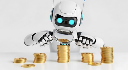Robot stacking gold coins isolated on white background