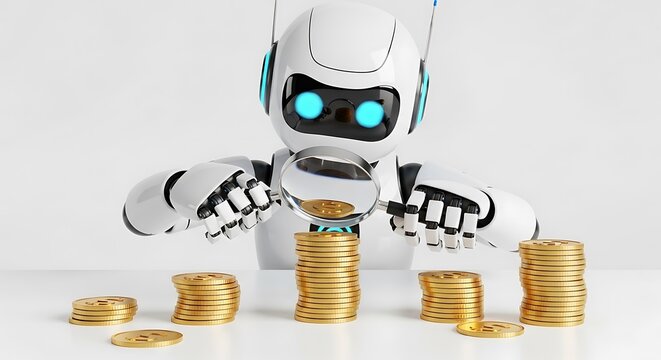 Robot stacking gold coins isolated on white background