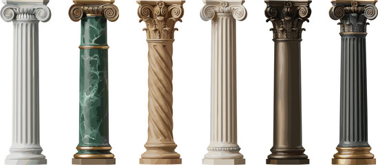 Ancient Greek Roman architectural columns illustration, classical stone pillars, Corinthian Ionic styles, historical building design, antique structure, cultural heritage art